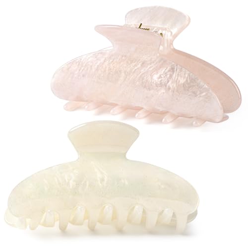Aileam Acetate Hair Claw Clips for Women,Pink Beige hair clip French Design Strong Hold Non-Slip claw clips for Thick Hair, 2 Pack - color: Ivory & Pink Glitter