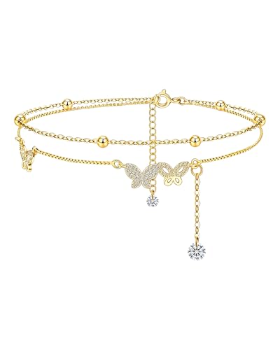 Silver Ankle Bracelets for Women, Butterfly/Stars Cute Charm Anklet, 14K Gold Plated Layered Chain Anklets for Women Teen Girls - style: Butterfly-Gold