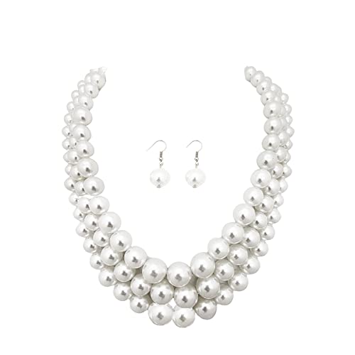 Fashion 21 Women's Faux Pearl Three Multi-Strand Statement Necklace and Earrings Set - color: White