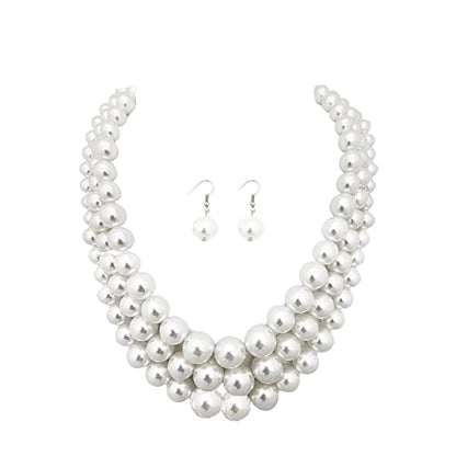 Fashion 21 Women's Faux Pearl Three Multi-Strand Statement Necklace and Earrings Set - color: White