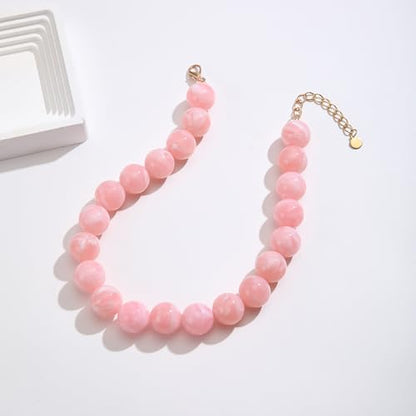 Chunky Necklaces for Women Trendy 20MM Large Resin Beaded Necklace Bold Statement Chunky Choker Necklace Boho Beads Summer Beach Jewelry - color: Pink