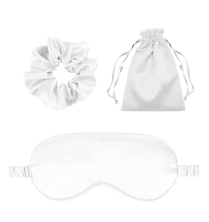3Pcs Satin Eye Mask Silk Sleep Masks Set Silky Blindfold Eyeshade Blackout Eyes Cover Pouches Bag Scrunchy Wedding Gift - color: White