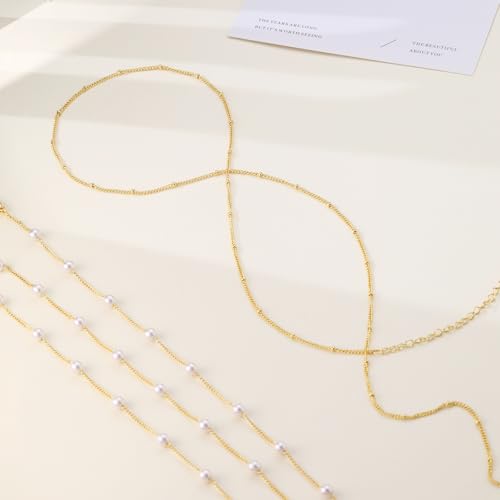 CAROVO Belly Waist Chain for Women 14K Gold Silver Plated Layered Body Chains Boho Cuban Figaro Pearl Heart Coin Satellite Bead Belly Chain Sexy Bikini Body Jewelry for Women Adjustable - style: C:Pearl Satellite GD