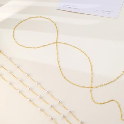 CAROVO Belly Waist Chain for Women 14K Gold Silver Plated Layered Body Chains Boho Cuban Figaro Pearl Heart Coin Satellite Bead Belly Chain Sexy Bikini Body Jewelry for Women Adjustable - style: C:Pearl Satellite GD