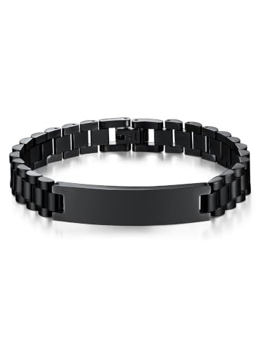 ChainsHouse Men Stainless Steel Bracelet Adjustable Custom ID Engraved Gift | Personalized Silver/Gold/Black for Birthday Father Husband Boyfriend with Gift Box Adjustable Tool 10mm/15mm/15.5mm 8.3"/8.7" - color: P.10mm Width-Black--No Custom