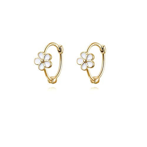 Reffeer Solid 925 Sterling Silver Flower Hoop Earrings Huggie for Women Teen Girls Daisy Hoop Earrings Cartilage Helix Earrings - color: B-Yellow