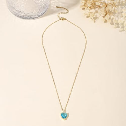 Heart Birthstone Necklace for Women, 14K Gold Plated Birthstone Pendant Necklace Cubic Zirconia Diamond Necklace Dainty Gold Necklace Birthday Gifts for Women Girls - color: 03. March(Aquamarine)