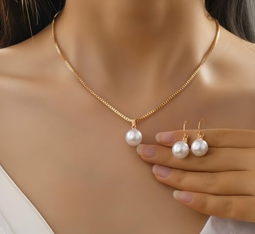 Faux Pearl Earring Necklace Set for Women Girlfriend Imitation Pearl Gold Drop Dangle Earrings Adjustable Pendant Choker Chain for Bridesmaid Bride Wedding Ornament Bridal Birthday Gifts 2Sets