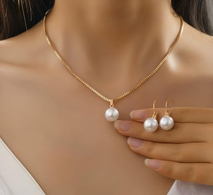 Faux Pearl Earring Necklace Set for Women Girlfriend Imitation Pearl Gold Drop Dangle Earrings Adjustable Pendant Choker Chain for Bridesmaid Bride Wedding Ornament Bridal Birthday Gifts 2Sets