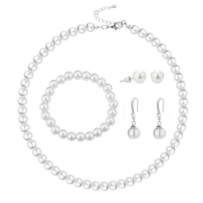 COLORFUL BLING Faux Pearl Jewelry Set, 4Pcs Pearl Necklace Bracelet Earrings Set for Women, Elegant Round Beaded Costume Jewelry for Wedding Party Daily Wear - color: White