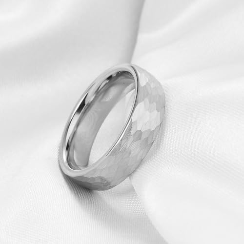 4-6mm Hammered Tungsten Wedding Band Matte for Men and Women | Matte Brushed Finish, Scratch and Fade Resistant, Engraved Faceted Pattern, Dome Profile, 4mm/6mm/8mm, Sizes 6–12 - color: 6mm Hammered Silver