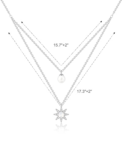 Silver Layered Necklaces For Women Double Chain Necklace With Pearl And Moonstone Sun Pendant 2Pcs Dainty Stackable Necklaces Cubic Zirconia Layered Necklace For Women Daily Wear
