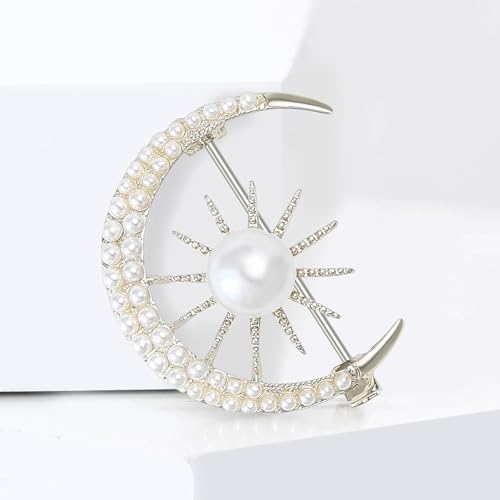 Pearl Sun Moon Brooch Lapel Pin Clothes Accessories Faux Pearl Crescent Moon Planet Gold Plated Pins Dress Suit Backpack Hat Corsage Brooches for Women Elegant Jewelry