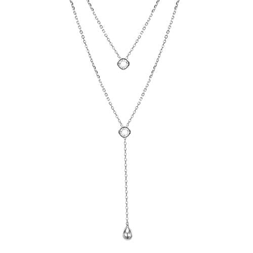 FLYOW Layered Necklace S925 Sterling Silver Y Shaped Jewelry - style: Two Round CZ Style