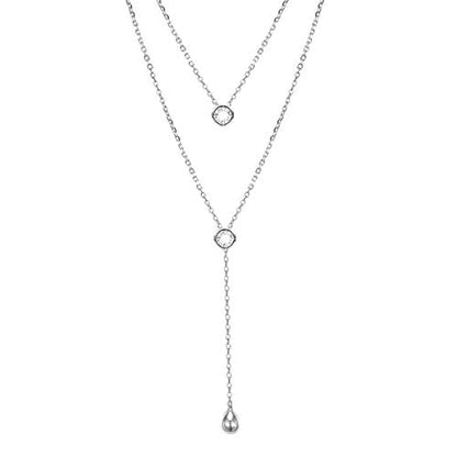 FLYOW Layered Necklace S925 Sterling Silver Y Shaped Jewelry - style: Two Round CZ Style