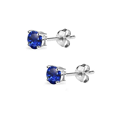 Sapphire Earrings for Women Sterling Silver Trendy Round-Cut Created Blue Gemstone Solitaire Studs for Men Bridesmaids Prom Gift - color: 4mm - Sterling Silver