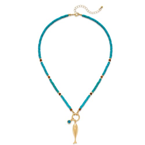 Chunky Gold Fish Pendant Necklace For Women Long Silk Scarf Turquoise Strand Necklace With Fish Pendants Boho Beach Shell Statement Necklaces - style: Blue Bead
