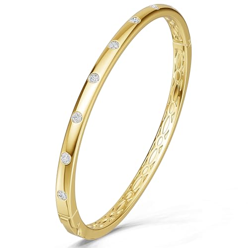 AuraLyric Gold Bracelets for Women, 14K Gold Plated Nail/Love/Emerald Green/Teardrop/Round White CZ Bangle Bracelets, Stackable Gold Bangles Non Tarnish, Gifts for Wife Mom Daughter 6.5 Inch - color: White CZ - Round