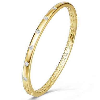 AuraLyric Gold Bracelets for Women, 14K Gold Plated Nail/Love/Emerald Green/Teardrop/Round White CZ Bangle Bracelets, Stackable Gold Bangles Non Tarnish, Gifts for Wife Mom Daughter 6.5 Inch - color: White CZ - Round