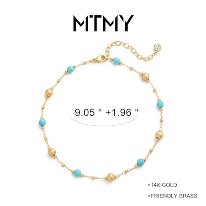 Gold Anklets for Women 14K Gold Plated Tiny Bead Anklet Colorful Tassel Foot Chain Dainty Adjustable Cute Summer Beach Boho Anklets Jewelry Gift - color: turquoise ball
