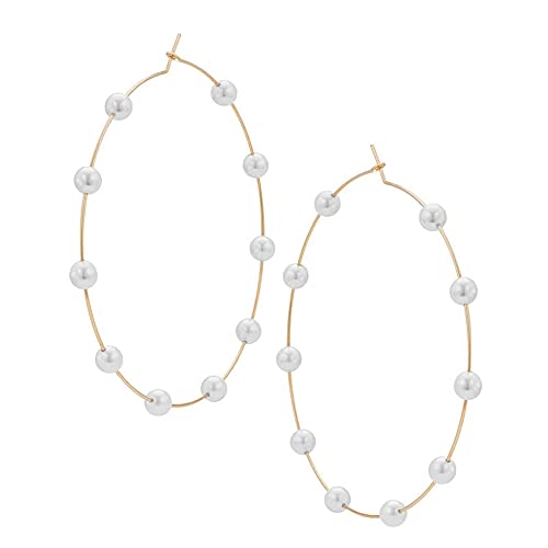 Doubnine Large Hoops Super Huge Circle Pearls Earrings Thin Dangle Gold Silver Elegant Wedding Women Accessories Jewelry Gift for Her - size: 60 mm Gold