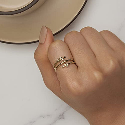 MUNDELL 925 Sterling Silver Simple Multi-layer Leaf Adjustable Ring Green Lucky Leaves Statement Ring for Women Promise Ring Fine Jewelry - color: Golden Multi-layer Leaf