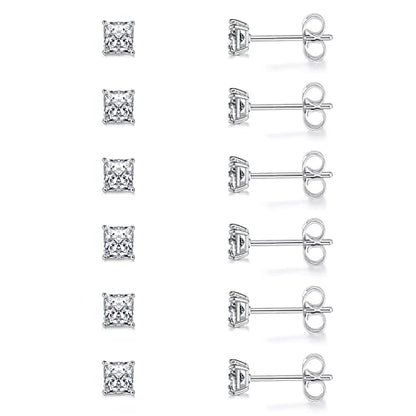 Stud Earring Set for Women Men 18K Yellow/White Gold Plated Princess Cut 4 Prong Graduated Square Clear Cubic Zirconia Pakc of 6 Pairs 3-7mm - color: White gold-4mm-6 pairs