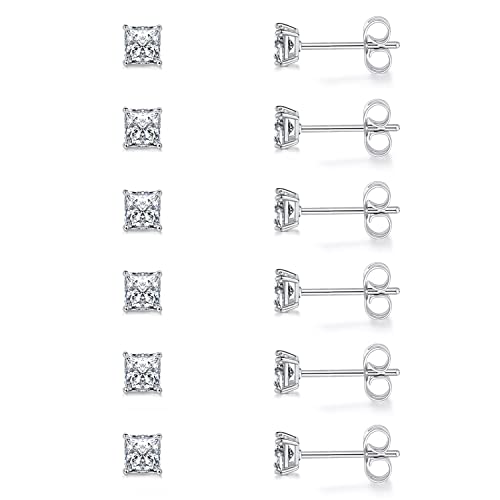 Stud Earring Set for Women Men 18K Yellow/White Gold Plated Princess Cut 4 Prong Graduated Square Clear Cubic Zirconia Pakc of 6 Pairs 3-7mm - color: White gold-4mm-6 pairs