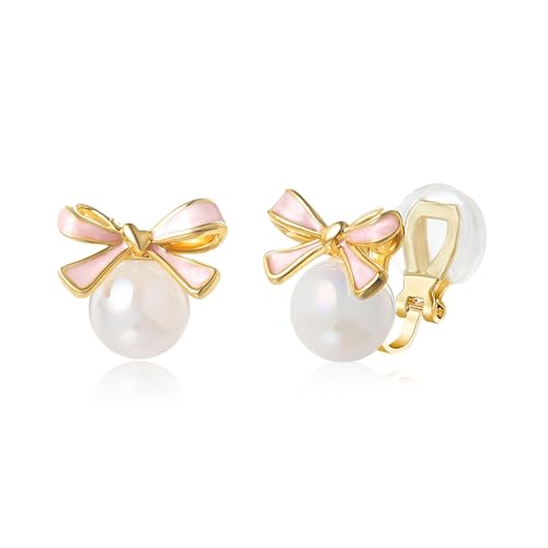 YOQUCOL Golden Bow Clip On Stub,Danle Drop Earrings for Women Simulated Pearl Christmas Xmas Bowknot Non Pierced Earrings - color: Stud Clip-02-Pink