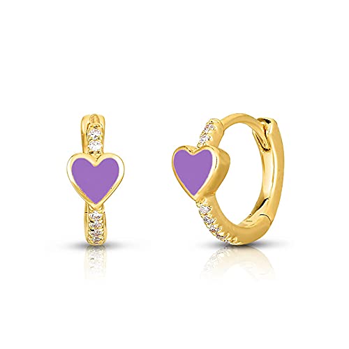 Enamel Heart Huggie Hoop Earrings with Cubic Zirconia Silver Small Hinged Hoops for Women - color: Heart Purple Enamel