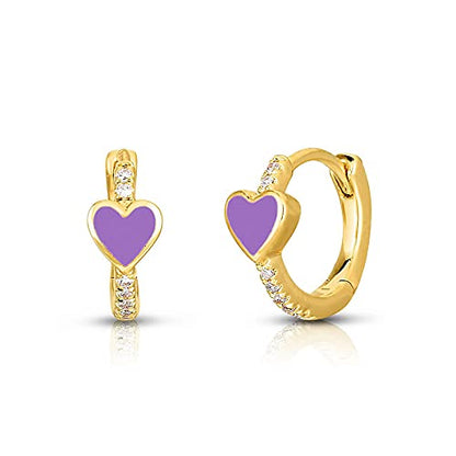 Enamel Heart Huggie Hoop Earrings with Cubic Zirconia Silver Small Hinged Hoops for Women - color: Heart Purple Enamel