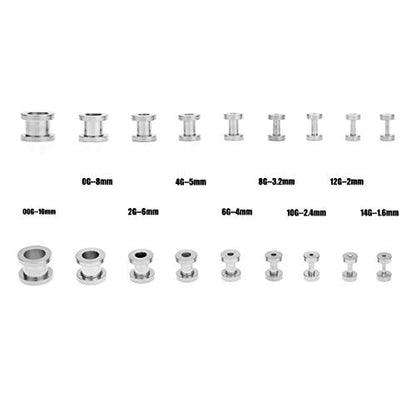 18PCS Ear Tunnels Kit Stainless Steel Screw Fit 14G-00G Gauges Plugs Set Double Flared Stretcher Expander Body Piercing Jewelry - color: Silvertone