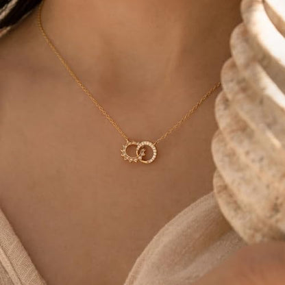 NUZON Sunburst Heart / 2-Tone Interlocking/CZ Evil Eye/Single Pearl/Love Heart Pendant Necklace for Women 14K Gold Chain Necklace Chunky Statement Jewelry - color: Sun & Moon