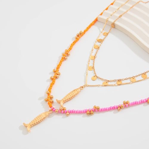 Fish Necklace for Women Handmade Beaded Y Pendant Necklace Colorful Summer Beach Boho Layering Choker Necklaces - color: Gold