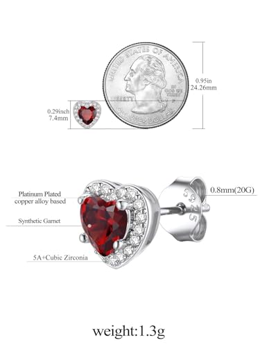 FindChic Birthstone Earrings for Women, Round/Heart/Square/Teardrop Earrings with 925 Sterling Silver Posts & Push Backs, Hypoallergenic Studs with Cubic Zirconia, 12 Months Jewelry with Gift Box - style: 01. January-Garnet (Heart-Silver)