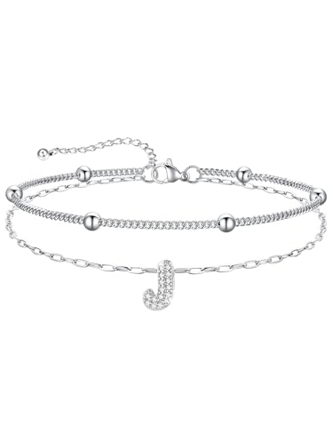 U7 Initial Ankle Bracelets for Women Silver/Gold Anklets Waterproof, 14K Gold Plated Layered Anklets Bracelet Stainless Steel Hypoallergenic 8.5"-10.5" - color: Silver-CZ, size: J