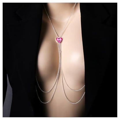Crystal Heart Non Piercing Nipple Chain Layered Tassel Chest Chain Jewelry Festival Nipple Accessory Jewelry for Women - color: Pink