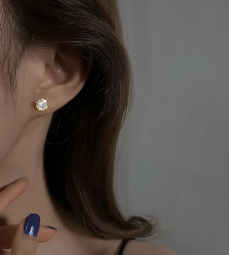 Reffeer Solid 925 Sterling Silver 6MM Cubic Zirconia Earrings Stud for Women Teens CZ Post Stud Earrings Hypoallergenic - color: B-Yellow