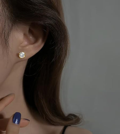 Reffeer Solid 925 Sterling Silver 6MM Cubic Zirconia Earrings Stud for Women Teens CZ Post Stud Earrings Hypoallergenic - color: B-Yellow