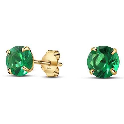 Solid 14K Yellow Gold Round Solitaire Simulated-Birthstone Minimalist Stud Earring - color: 05-May, size: 4mm
