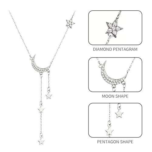 Moon Y Necklace Silver with Star Pendant, Rhinestone Long Link Chain Jewelry, Adjustable Moon Choker Crescent Pendant Collarbone Necklaces, Celestial Statement Jewelry Gifts for Women - style: Modern
