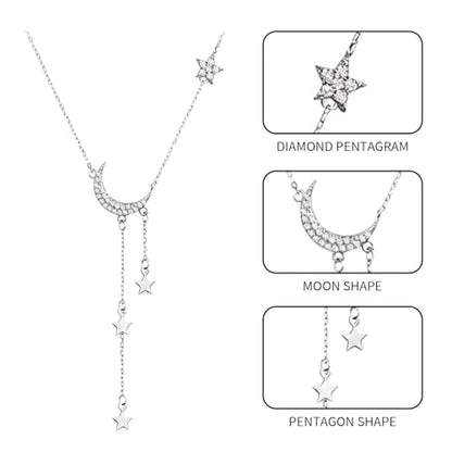 Moon Y Necklace Silver with Star Pendant, Rhinestone Long Link Chain Jewelry, Adjustable Moon Choker Crescent Pendant Collarbone Necklaces, Celestial Statement Jewelry Gifts for Women - style: Modern