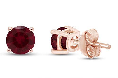 Birthstone Stud Earrings for Women 4MM Round Simulated Gemstone Studs | Push Back Earrings In 14K Gold Over Sterling Silver - color: July - Ruby
