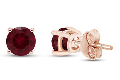 Birthstone Stud Earrings for Women 4MM Round Simulated Gemstone Studs | Push Back Earrings In 14K Gold Over Sterling Silver - color: July - Ruby
