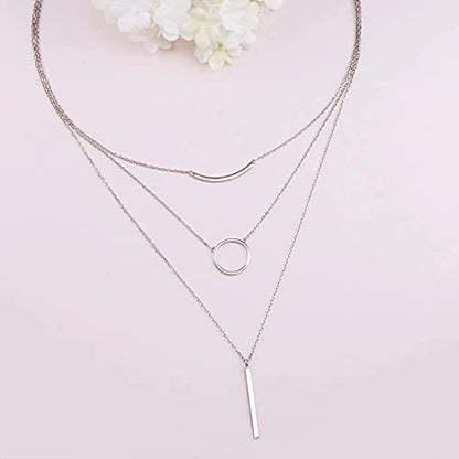 Sterling Silver Dainty Bead Layered Long Lariat Choker Necklaces for Women Boho - style: Bar Circle Multi