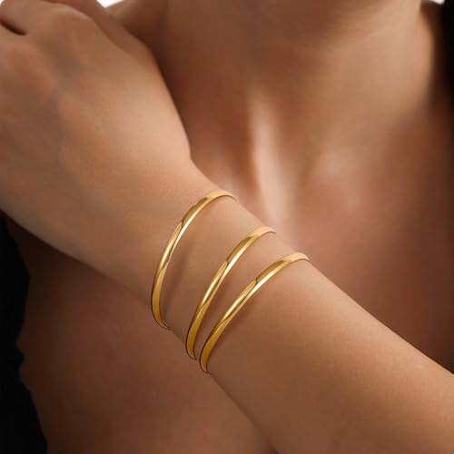 Awinesn 18K Gold Plated Bangles for Women Stainless Steel Glossy Stackable Thin Round Bracelets Solid Plain Polished Bangles Bracelets Set of 3 Jewelry for Women - size: 8 inches, style: wide-3-G