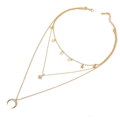 3 Layer Star Moon Pendant Necklace for Women, Gold Layered Crescent Moon Choker, Dainty Y2K Stackable Jewelry