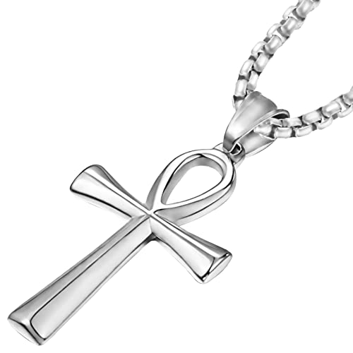 JUNOVUROS 18 to 28 Inches Rolo Chain Ancient Ankh Cross Pendant Necklace for Men Women Boys Girls 316L Stainless Steel with Large And Medium Sizes - color: C-Silver/Size: 1.77 '' * 0.98 ", style: 24 Inches