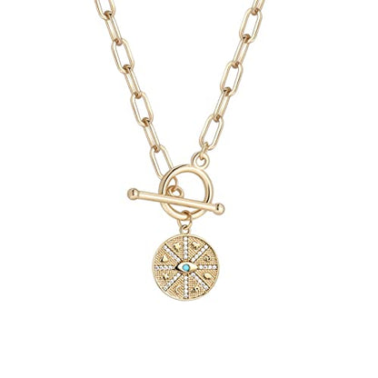 DoreenBeads 18K Gold Sun Moon Star Compass Pendant Necklace | Chunky Toggle Paperclip Chain Necklace with Heart Daisy Bee Charms for Women Girls 20 Inches - color: Lucky Symbols