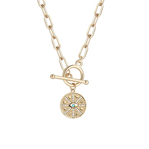DoreenBeads 18K Gold Sun Moon Star Compass Pendant Necklace | Chunky Toggle Paperclip Chain Necklace with Heart Daisy Bee Charms for Women Girls 20 Inches - color: Lucky Symbols